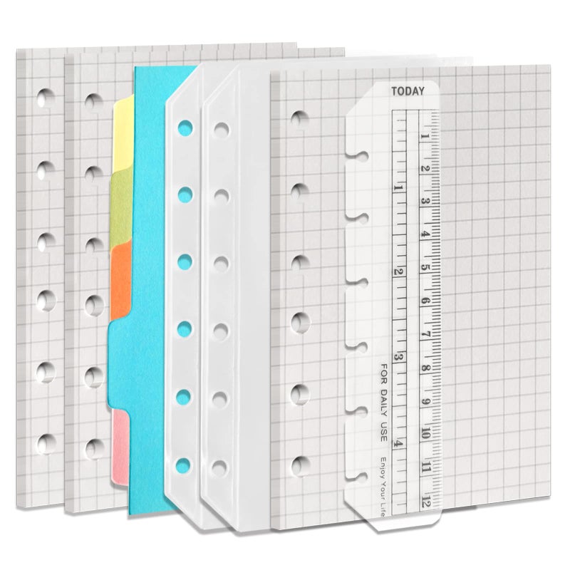 DY.2ten A7 6-Hole Binder Notebook Refills Set - 135 Sheets (270 Pages) Graph Paper + 2pcs A7 Zipper Binder Pockets + 5 Pcs A7 Dividers + Ruler,for Filofax A7 Refills Inserts Paper - Image 1